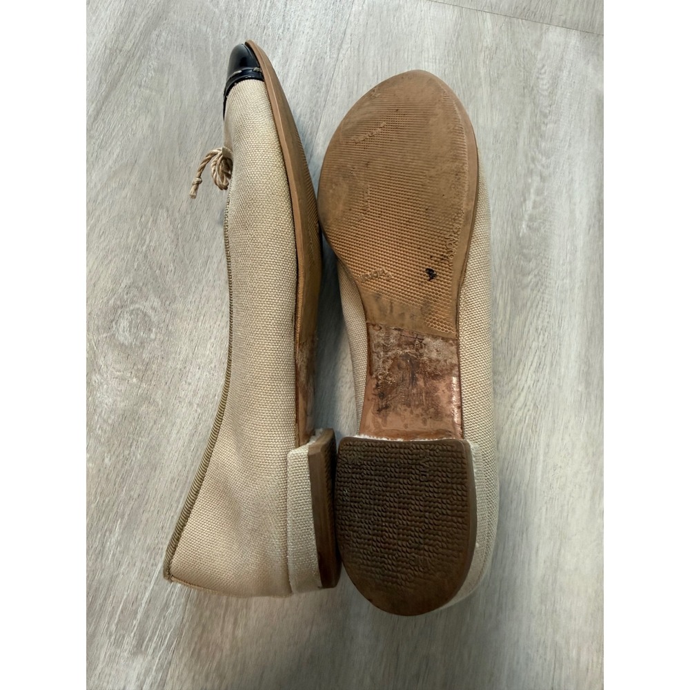 Prada Ballet Flats Womens 7 Beige Black Good Patent Cap Toe Bow Logo Hardware - Picture 14 of 15